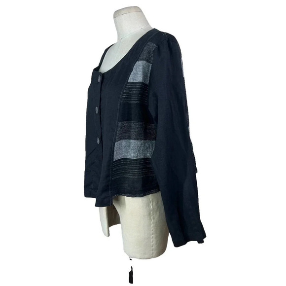 Tara Vao Collarless Button Top in Black Gray Stripe Lagenlook‎ Size XL - Picture 4 of 12